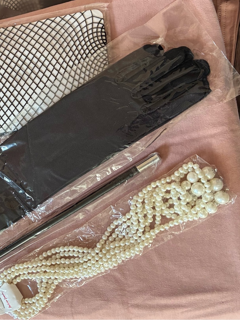 Women’s Black Evening Gloves with Ivory Faux Pearl Necklace, etc. Costume wear*